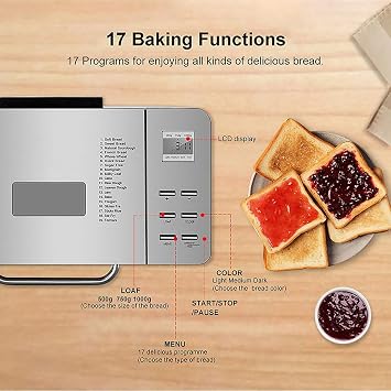 Automatic Bread Machine, 650W Multi Bread Making Machine with Fruit Nuts Dispenser, 17 Menu and 15 Hours Timer, for Whole-Wheat Bread French Bread Jam Yogurt Cake Sticky Rice 1000g (1000g)