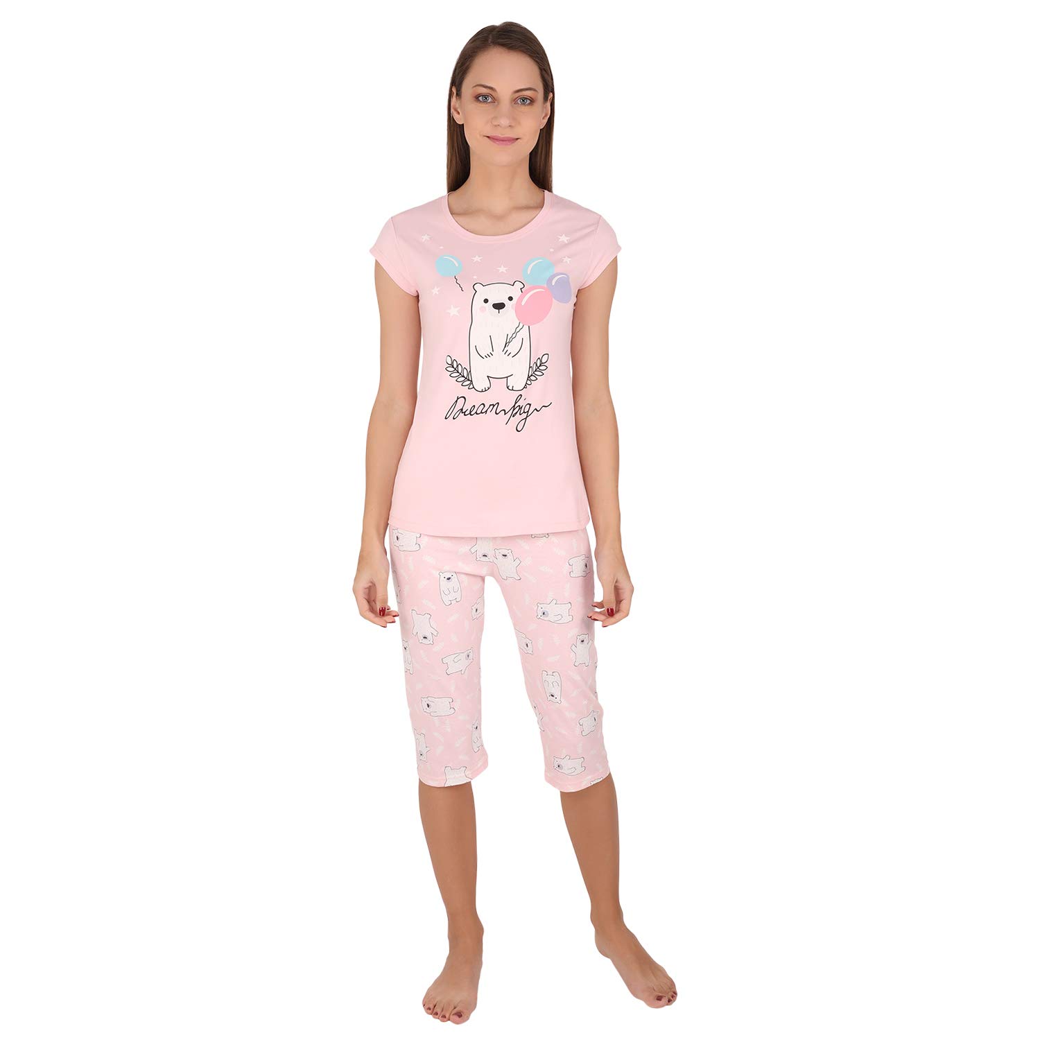 BoyrazWomen's Printed Nightwear Capri Set with Eye Mask Pink
