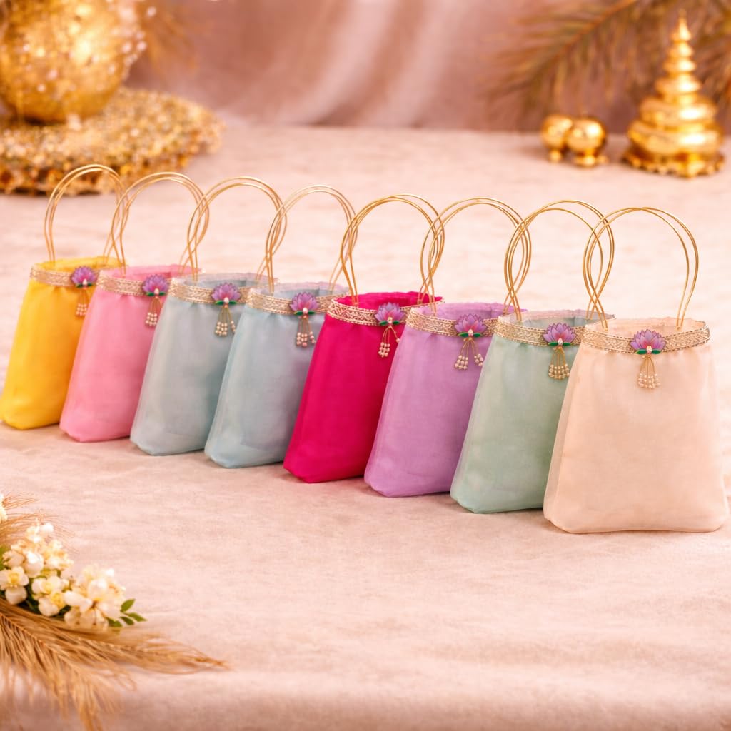 Jaipur Ace Set of 8 Organizer Potli Bags with Handle, Decorative Lotus Design Gifting Pouch for Wedding Return Gifts, Festive Packing, Jewelry Storage, Party Favor Bags in Assorted Colors-image-14