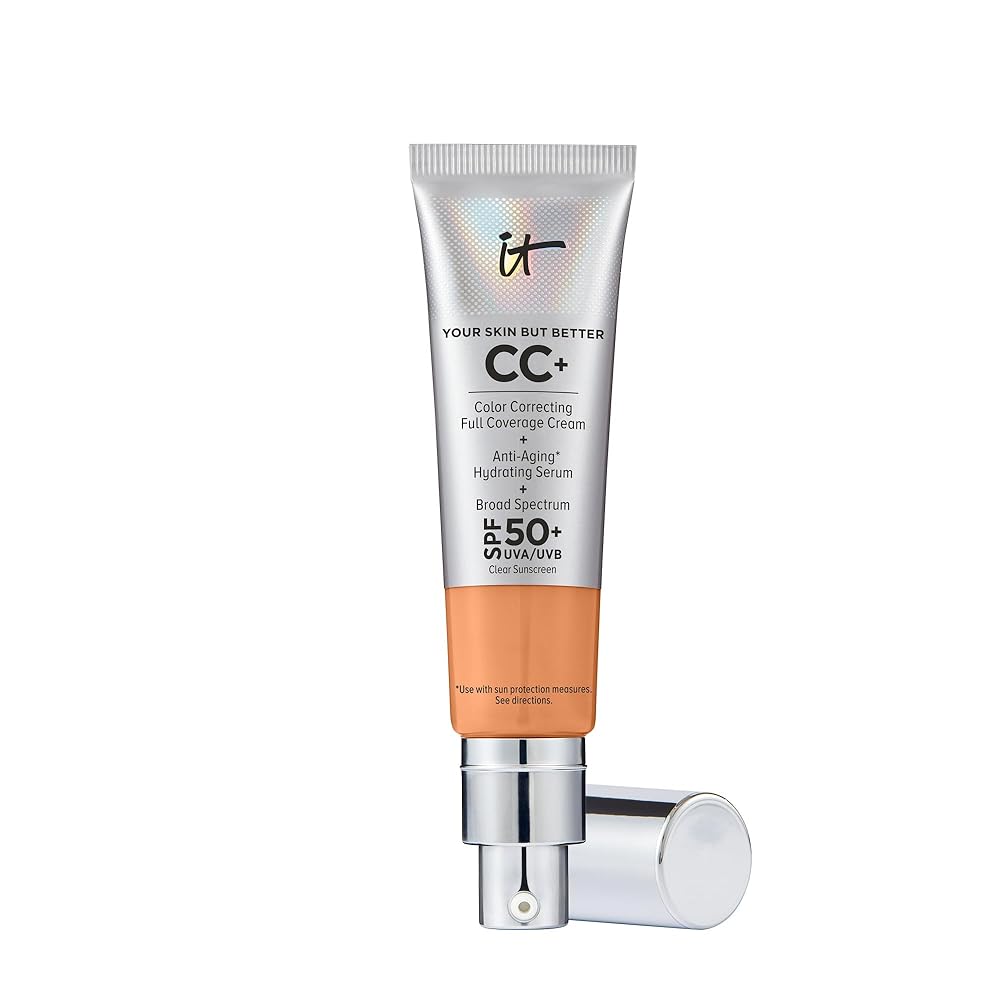 IT Cosmetics CC+ Cream (Tan Cool) - Natural Full Coverage Foundation With SPF 50+, Color Corrector & Anti-Aging Hydrating Serum, Hyaluronic Acid + Peptides, Lightweight - 1.08 fl oz