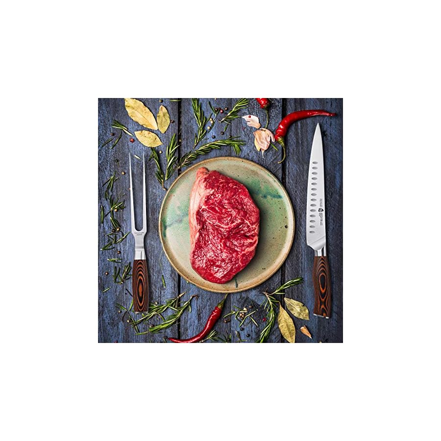 TUO Slicing Set - 9" Carving Knife & 7" Fork - Hollow Ground German Stainless Steel Carving Knife and Fork Set 2 Pcs - Pakkawood Handle - Luxurious Gift Box Included - Fiery Phoenix Series