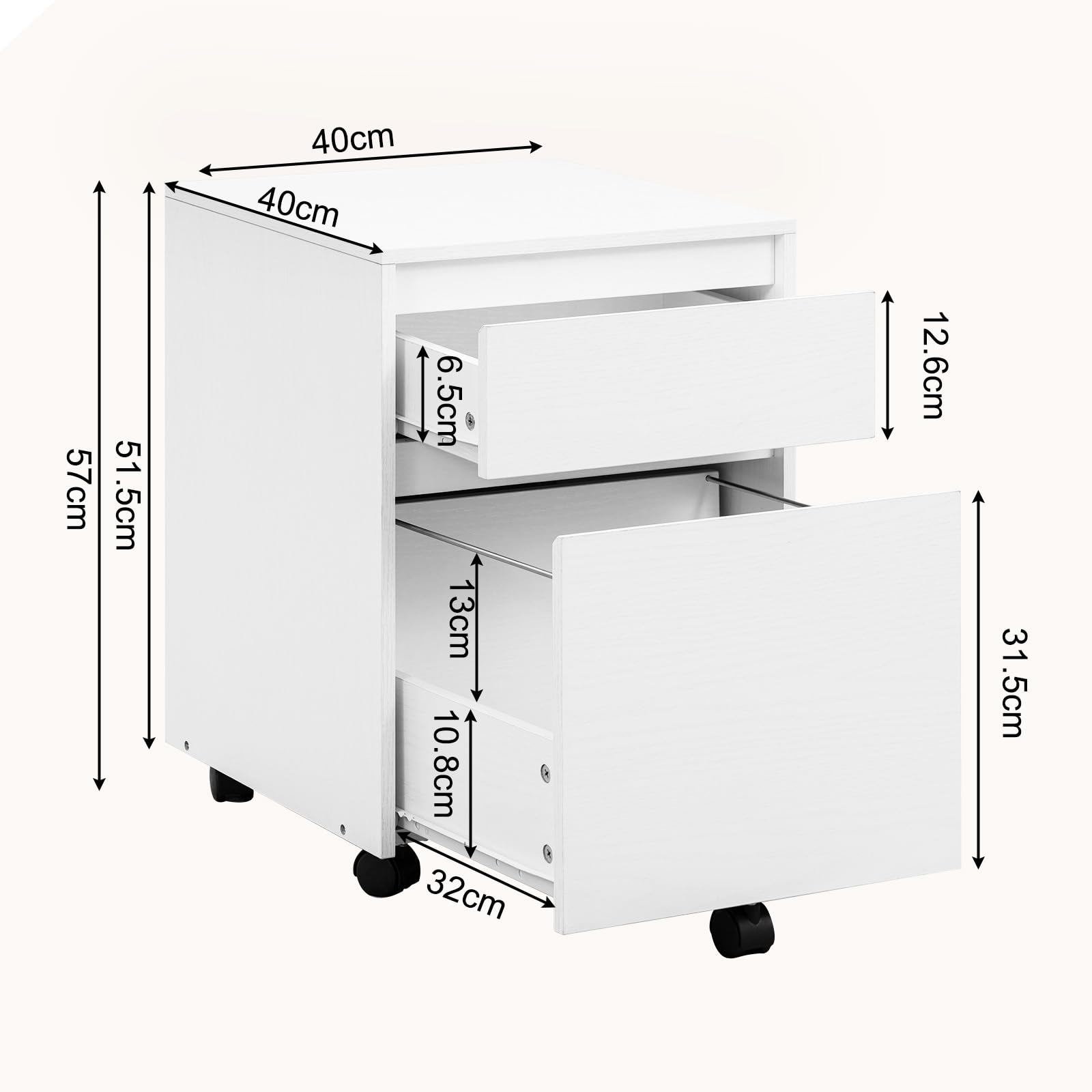 WOLTU Caisson de Bureau avec 2 Tiroirs, Armoire à Dossiers sur roulettes, Meuble de Rangement pour Documents A4, en Bois d'ingénieur PB, Blanc, 40x40x56cm,ASK11ws