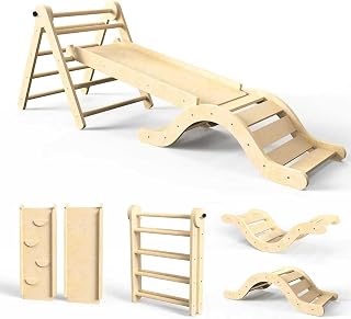 doowroodni Pikler Triangle 7-in-1 Montessori Climbing Toy for Toddlers 1-3 Years - Foldable Wooden Indoor Climber with Arch, Ramp, Ladder (Natural)