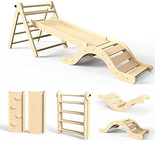 Pikler Triangle Set 7in1 Toddler Climbing Toys Indoor Foldable Baby Climbing Toys Wooden Montessori Climbing Set with Arch, Ramp, Ladder for 1-3 Years, Jungle Gym for Kids (Natural)