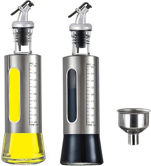 Oil Bottle, Olive Oil and Vinegar Drizzler Glass Bottles Set, 2PC 300ml Oil Dispenser with Funnel, Stainless Steel Bottle with Auto Flip Pourers for Cooking Kitchen Baking Salad