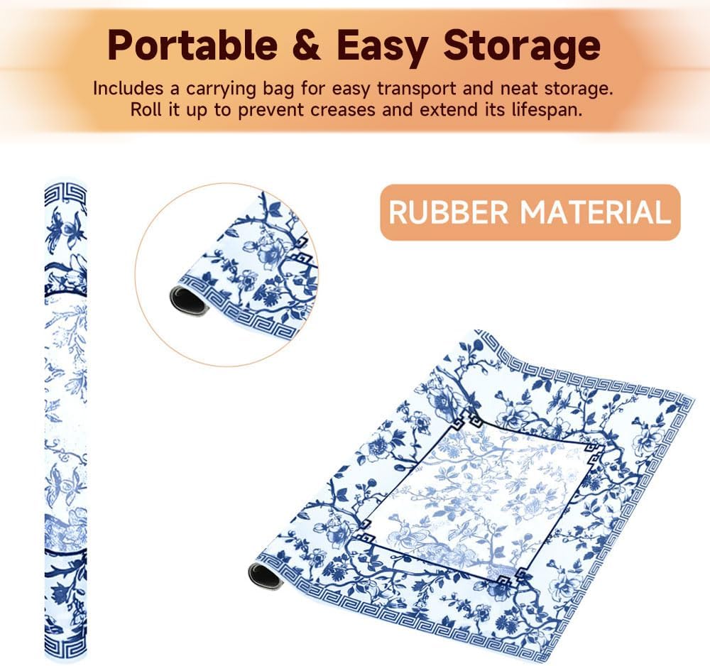 Chinoiserie Mahjong Mat for Table with Black Carrying Bag, Anti-Slip, Noise-Reducing Table Cover for Mahjong Poker Board Games Dominoes Card Games 31.5" x 31.5" (Light Blue)