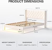 Vista 2 de Marco de cama tamaño matrimonial con luces LED, base de cama plataforma tapizada en terciopelo con cabecero y estribo abotonado, soporte de listones