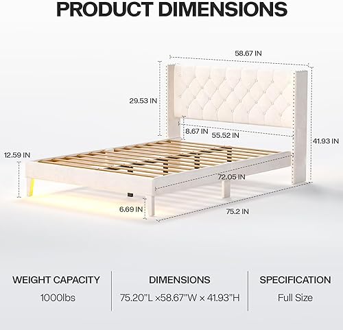 Miniatura 2 de Marco de cama tamaño matrimonial con luces LED, base de cama plataforma tapizada en terciopelo con cabecero y estribo abotonado, soporte de listones