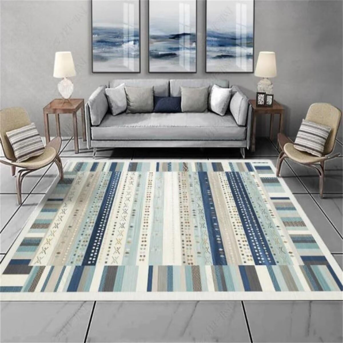 Tapis de salon minimaliste bleu lavable pour en finir avec les taches