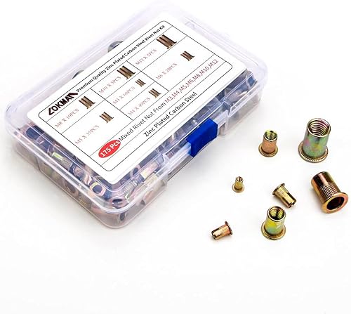 Miniatura 4 de LOKMAN 175PCS Kit de Tuercas de Remache Métricas de Acero al Carbono de Cabeza Plana Roscada, Inserto Assortado en M3 M4 M5 M6 M8 M10 M12, Cuerpo