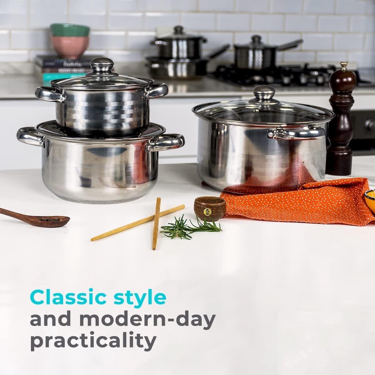 Royalty Line Batterie De Cuisine Inox 18 Pièces - Casseroles, Poêles, Faitout Avec Couvercles Verre Induction