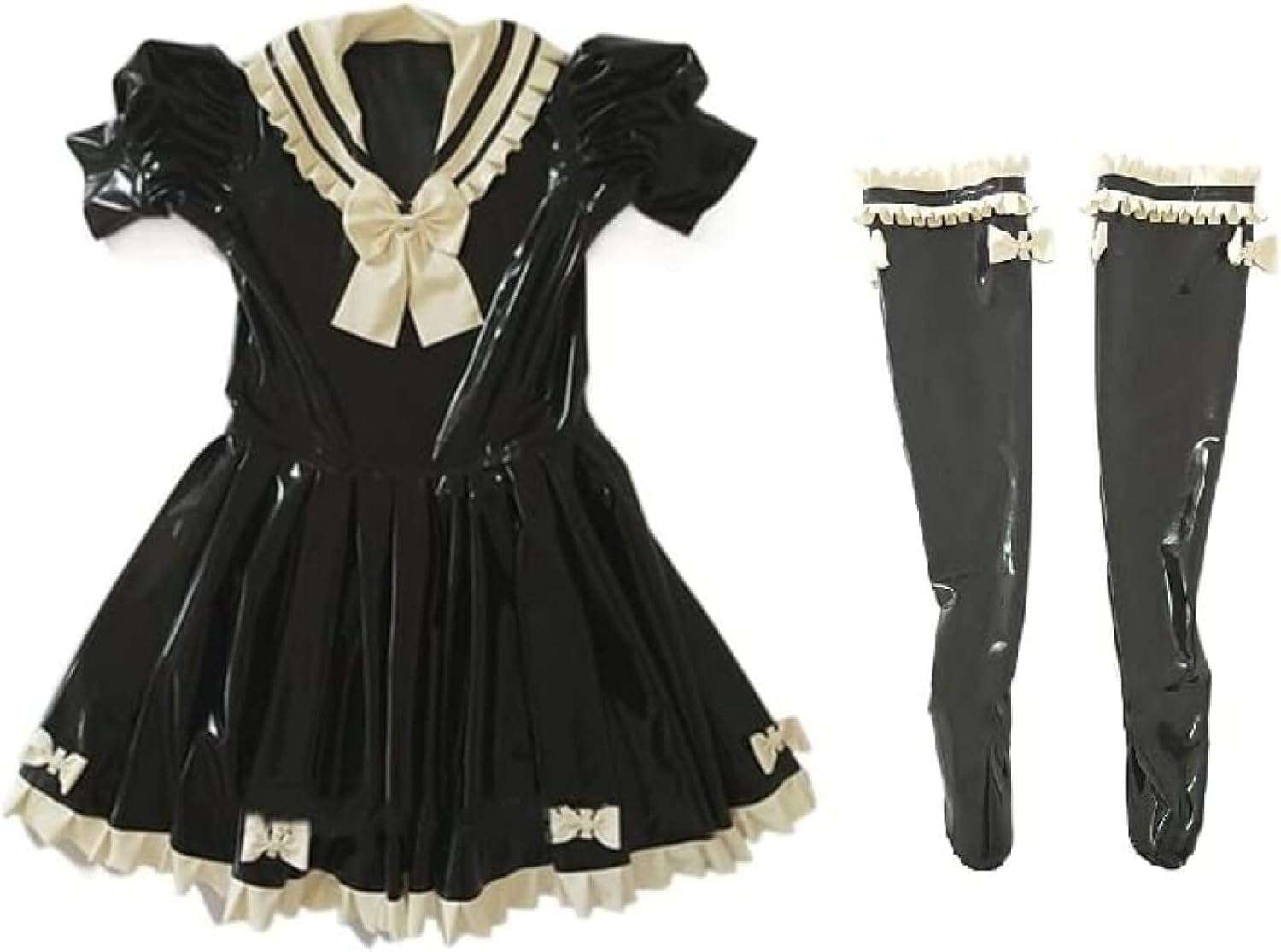 セクシーなウサギの耳黒エキゾチックなラテックスラバードレスフェチ弓白トリムストッキング,カスタムカラー,3XL