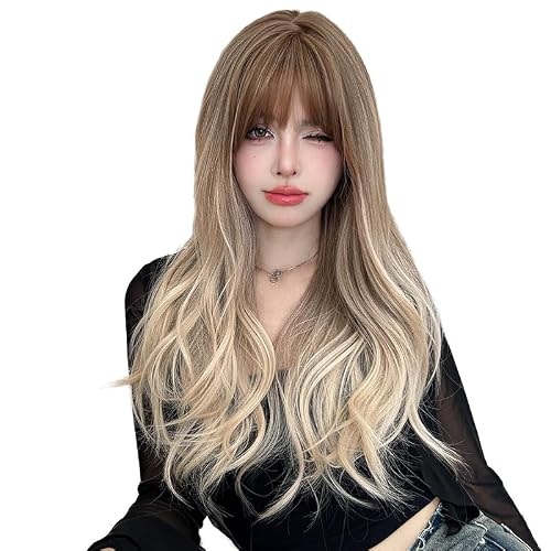 AIKO PRO 26 Inches Long Wavy Curly Wig for Women Blonde Brown Synthetic Hair Natural Curly Wig With Airy Bangs Party Cosplay Wig, Gradient Blonde