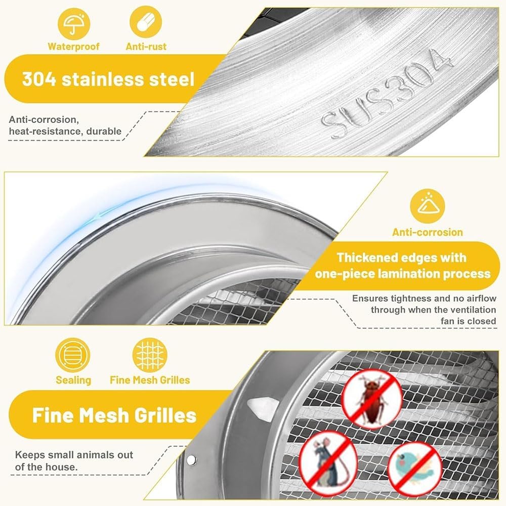 304 Stainless Steel Vent Cover Soffit Air Vents with Fly Screen Waterproof Ducting Air Ventilation IndustrialApplications Grill Screen Hood(250mm/9.8in)
