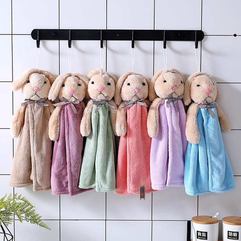 Image of Super Soft Rabbit Hanging Hand Towel for Kitchen and Bathroom Absorbent Thick Coral Velvet Hand Towels with Hanging Loop Fast Drying Microfiber (Pack of 6)