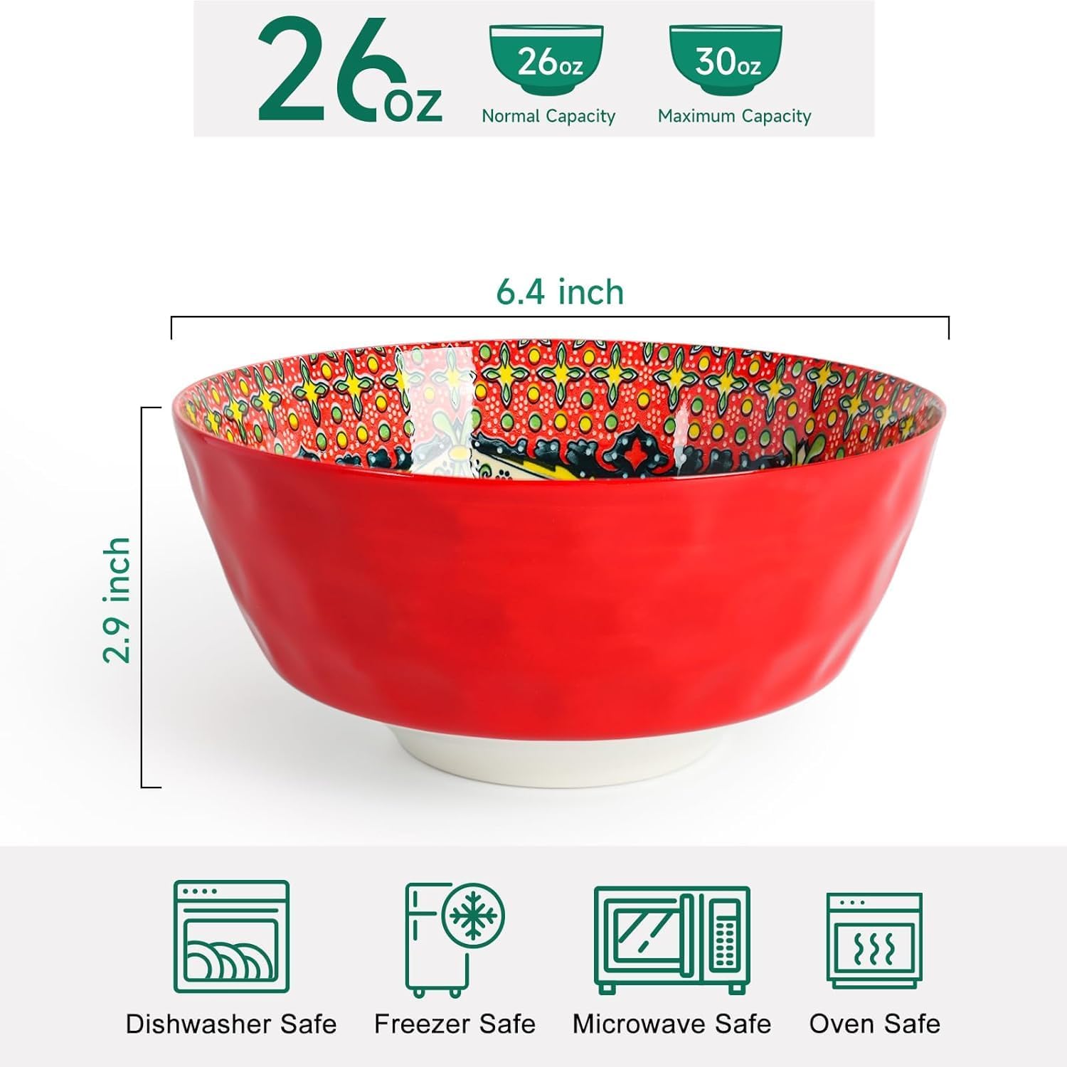 KitchenTour Cereal Bowls Set of 6, 26 oz Ceramic Soup Bowls for Kitchen, 6.3 Inch Colorful Serving Bowls for Oatmeal, Salad, Pasta, Dessert - Microwave & Dishwasher Safe - Image 3
