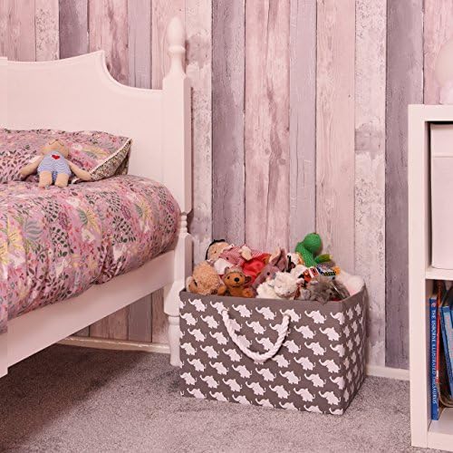 Foldable Grey Canvas Storage Basket Rectangle Fabric Basket with White Elephants  Perfect for Household Storage, Fabrics or Toys. Size: Width 42cms x Depth 32cms x Height 28cms