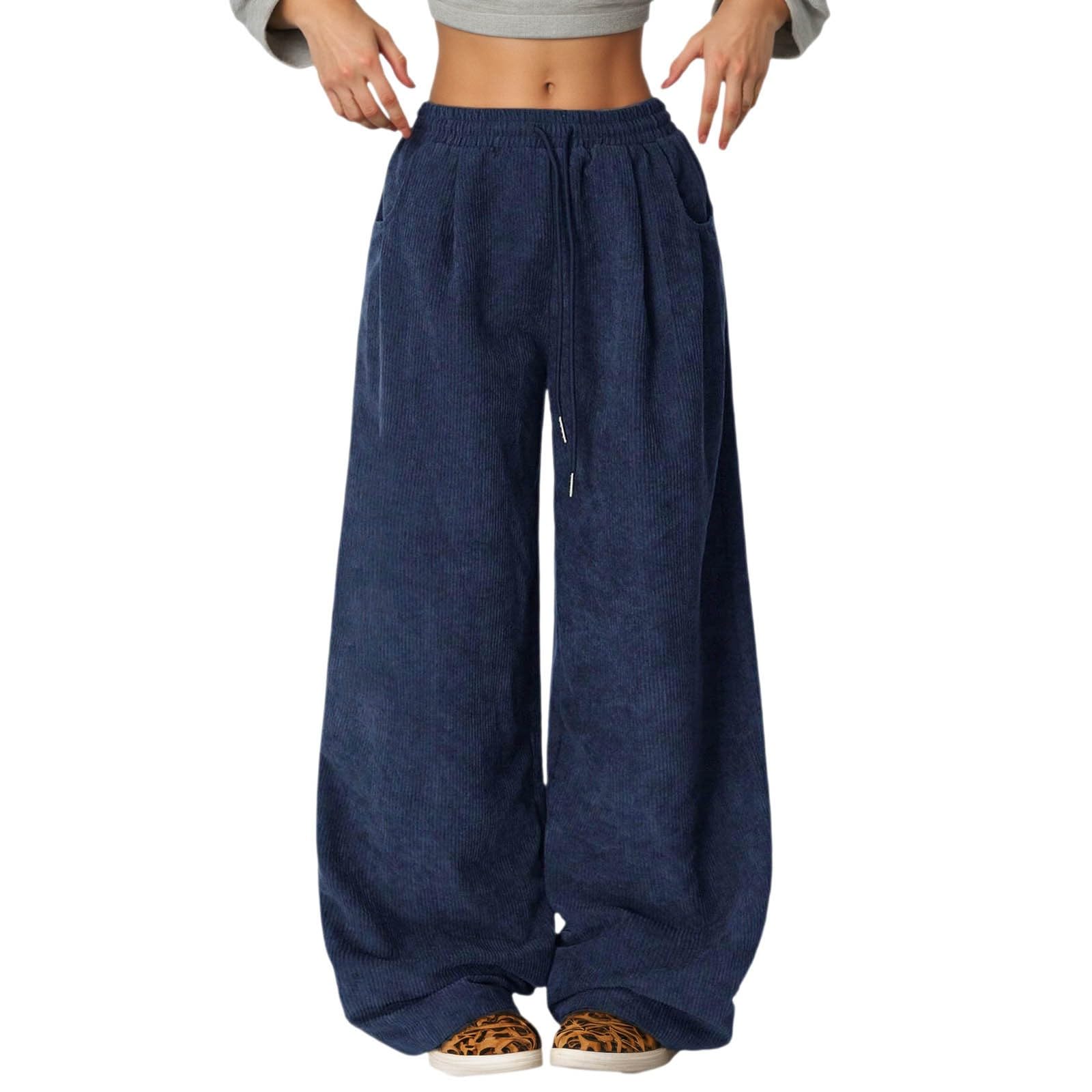 Womens Corduroy Pants Drawstring Elastic Waist Pant Fall Casual Wide Leg Palazzo Trousers Comfort Lounge Pants