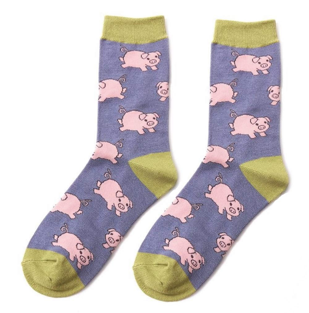 Lilyrosa Women's Blue Pink Pig Design Socks One Size 3-7 Crew Mid Calf 1 Pair