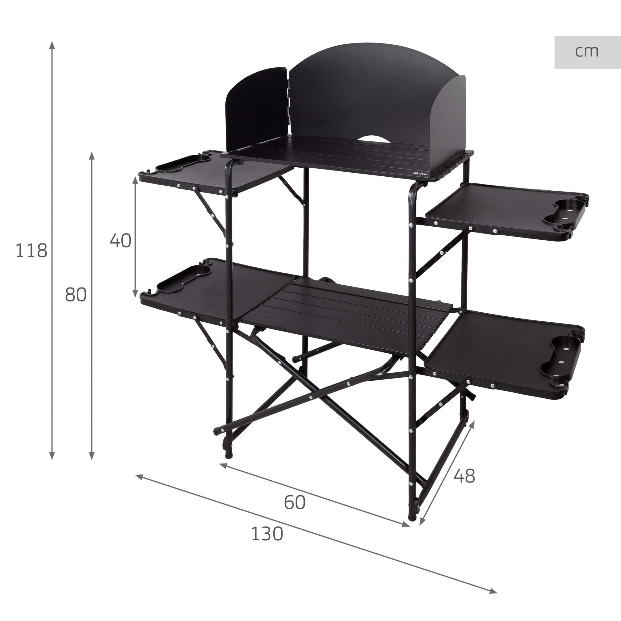 AKTIVE Składana szafa kempingowa, kolor czarny, 130x48x118 cm, stalowa rama, nośność 30 kg, torba transportowa, składany stolik, meble kempingowe (63175)