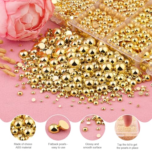 Image of 13000Pcs Flatback Pearls for Crafting (Gold), Assorted Size 2 /3 /4 /5 /6 /8 /10mm Non Hotfix Half Pearl, Bedazzling Bead for DIY Crafts Clothing Tumblers Mugs Shoes Fabric Embellishment Nail Art Makeup