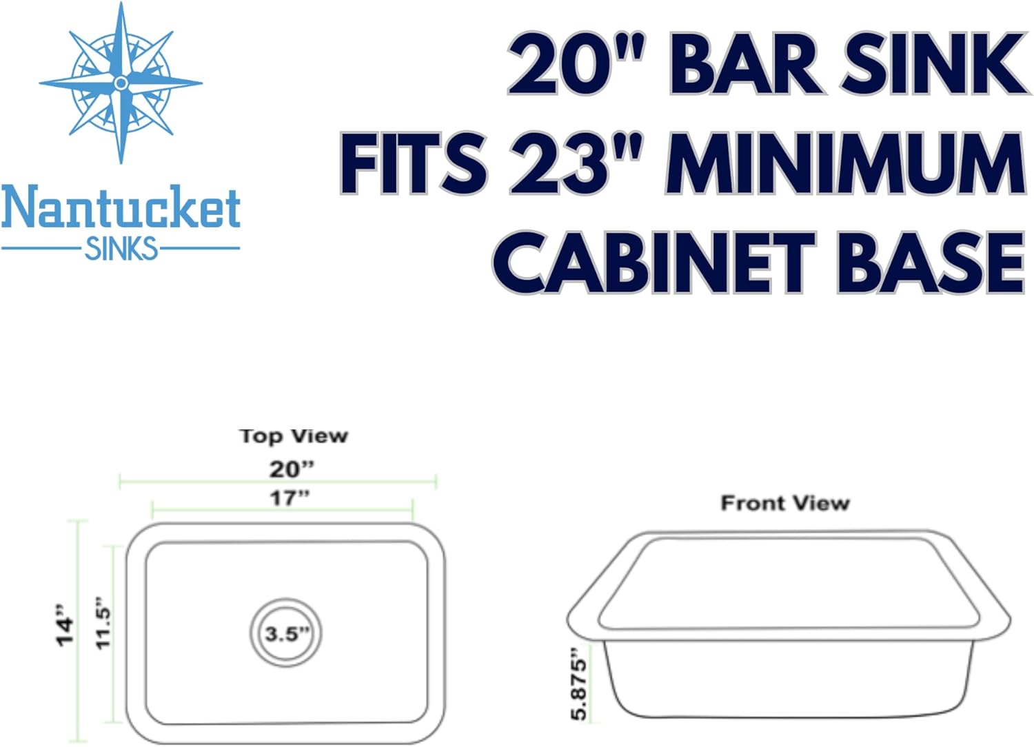 Nantucket Sinks Bar Sink – 20" Small Kitchen Sink, Hammered Stainless Steel for Wet Bar Prep, Matte Finish, Undermount or Drop In, Handmade, Single Bowl, Rectangular – Brightwork Collection RES2014-MF