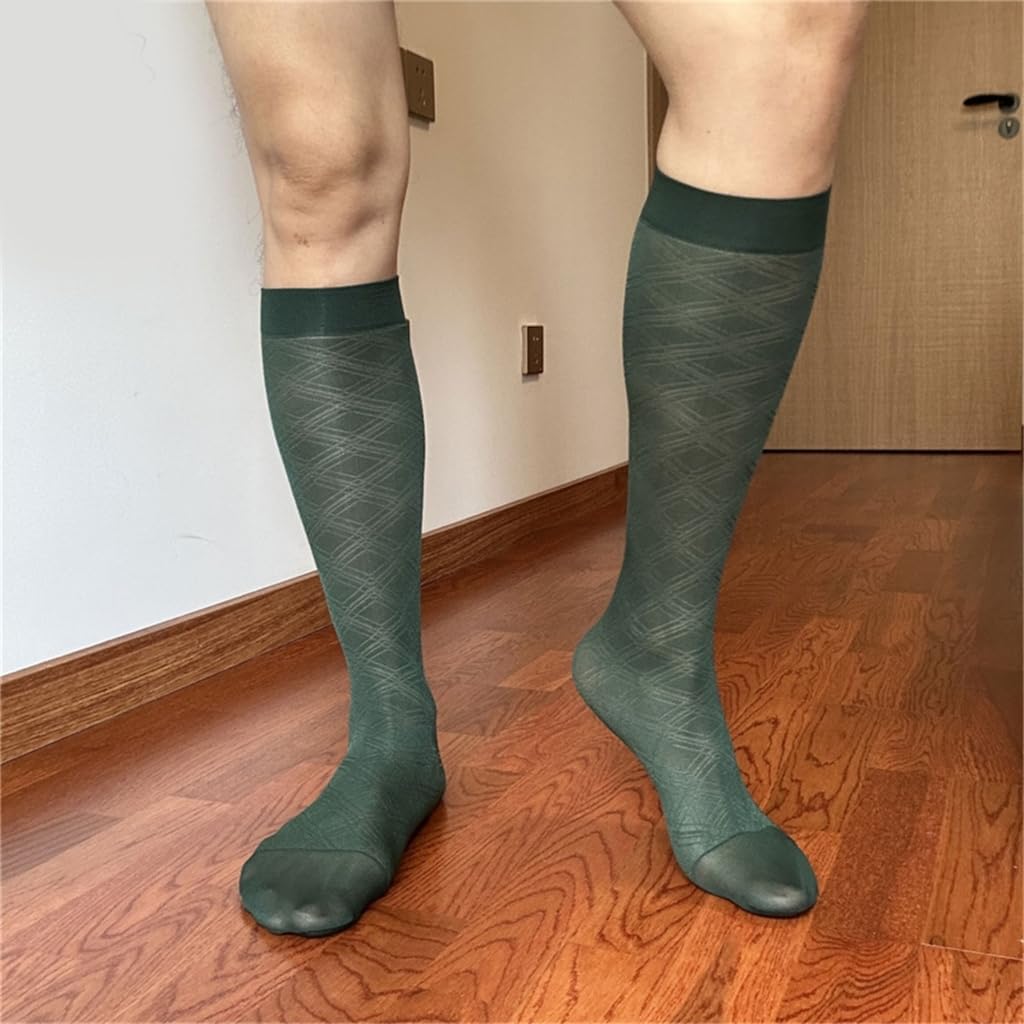 Men's Thin Sheer Nylon Dress Socks Elegant Argyle Pattern Middle Calf Socks for Business Suit and Formal