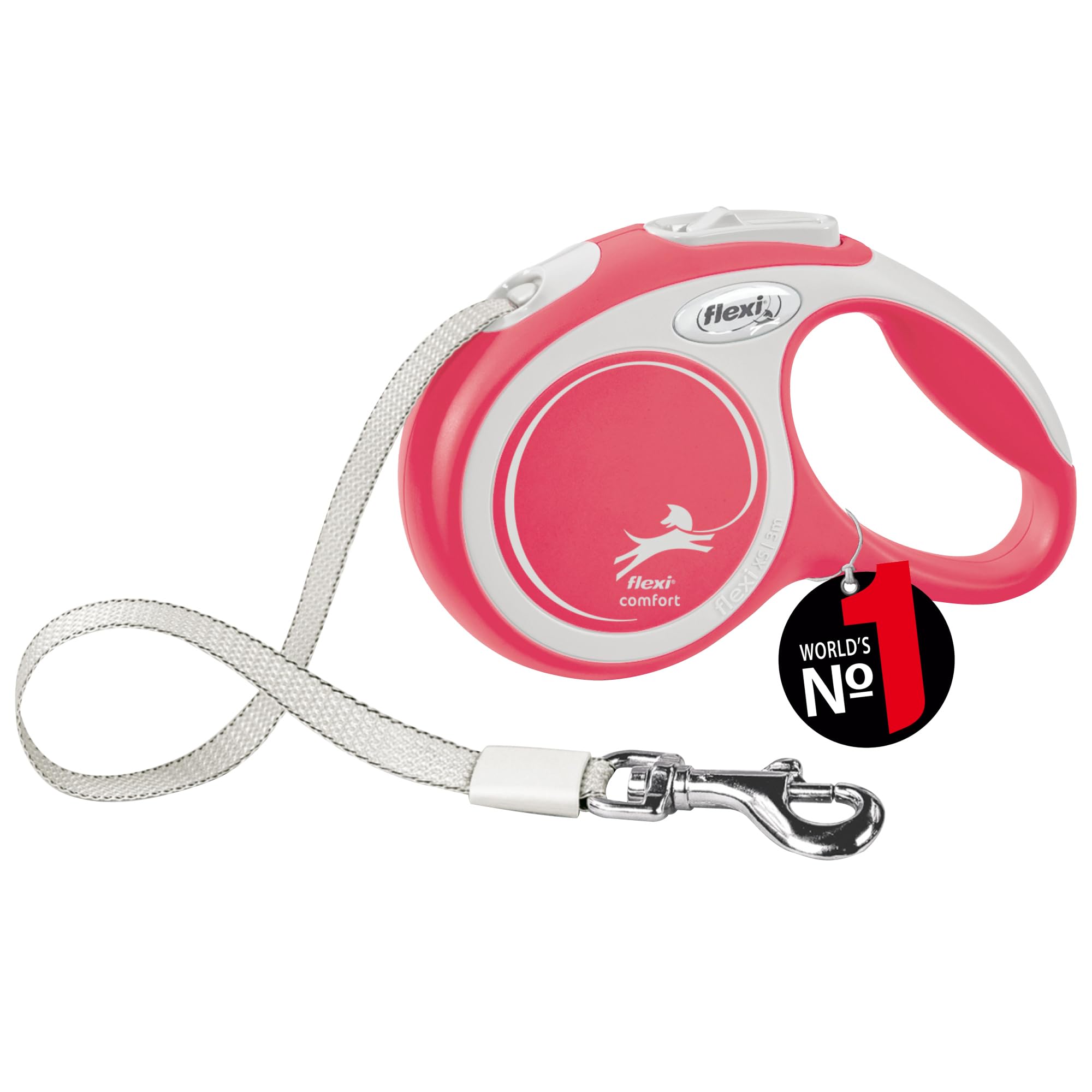flexi® Comfort XS | 3m Gurt Roll-Leine für kleine Hunde bis 12 kg | Miniformat mit 3-Finger Griff | Rot | ausziehbare Hundeleine | Gewicht 126.1 gr | Maße 8,2 x 13 cm