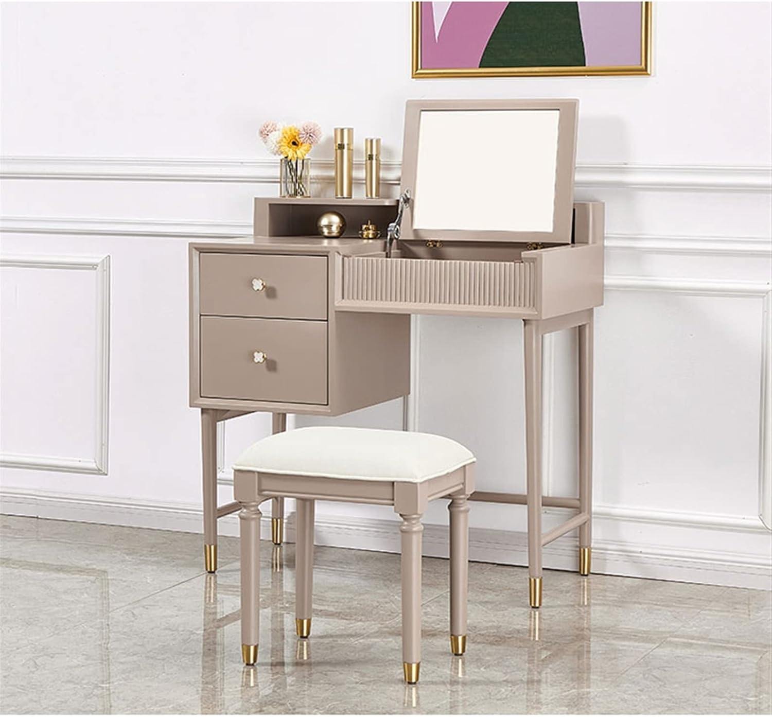 Vanity Dressing Table Set Luxury Makeup Bench with 3 Colors Led Hd Mirror,Comfortable Stool Drawers Cabinet,Modern Simple Style,for Girl's Gift (Color : C) (E)