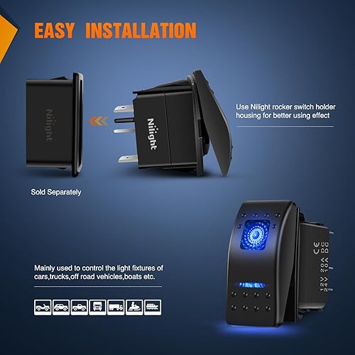 Vista 65 de Nilight 3 Pack Rocker Switch with Night Glow DIY Stickers On Off 5 PIN SPST LED Light Switches with Green Backlit 12V/24V Toggle for Cars Trucks RVs