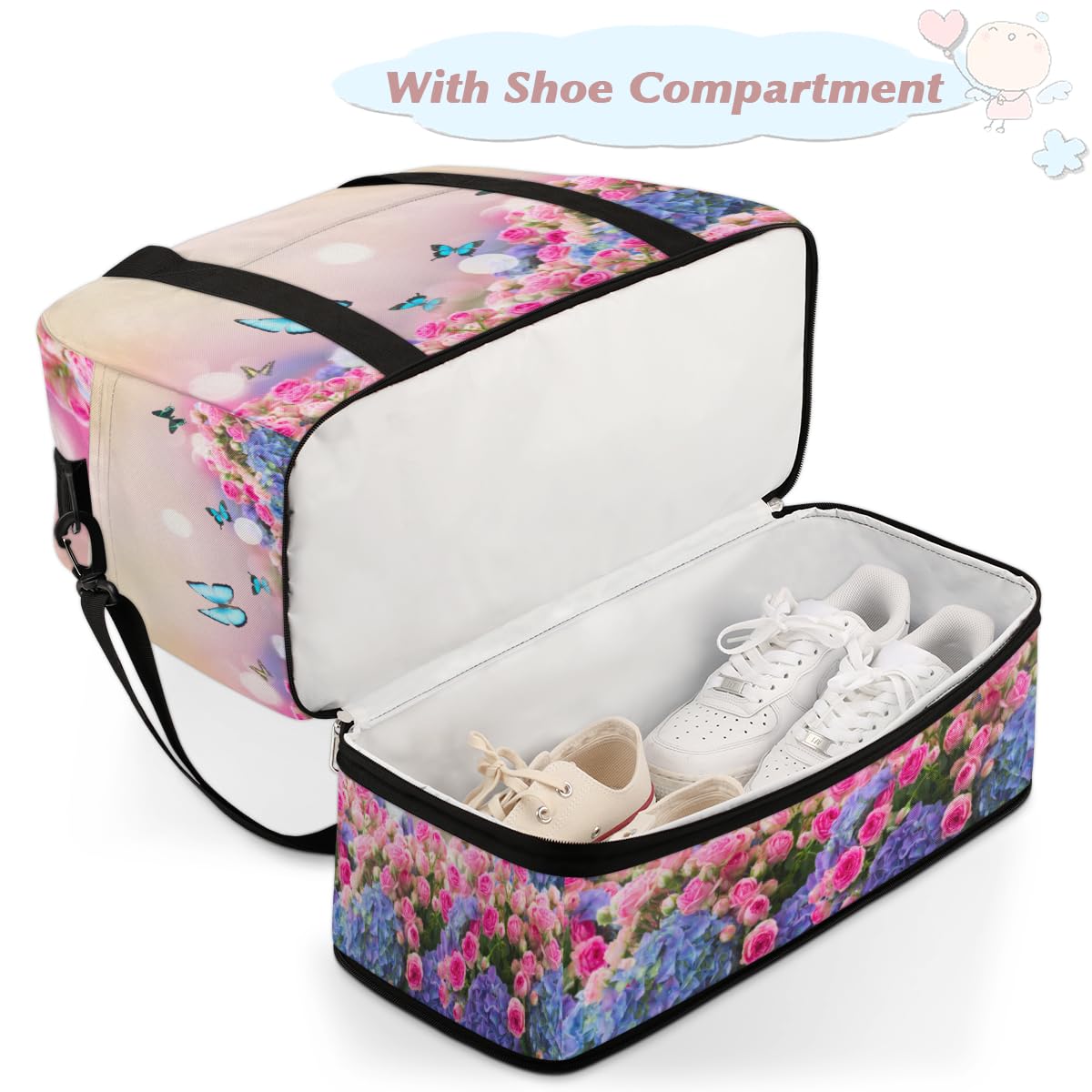 Bolsa de viaje plegable con diseño de rosas, flores, mariposas, 47 l, bolsa de fin de semana con funda para carrito de transporte, bolsa de hombro separada para deportes, gimnasio, viajes, multicolor,