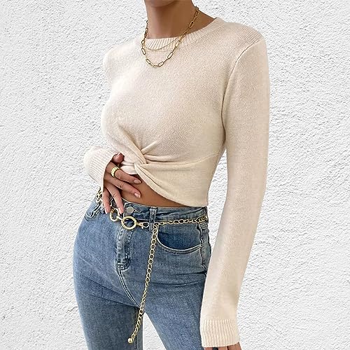 ACOSAP Women's Casual Twist Front Long Sleeve Cropped Sweater Round Neck Ruched Fitted Knitted Pullovers3