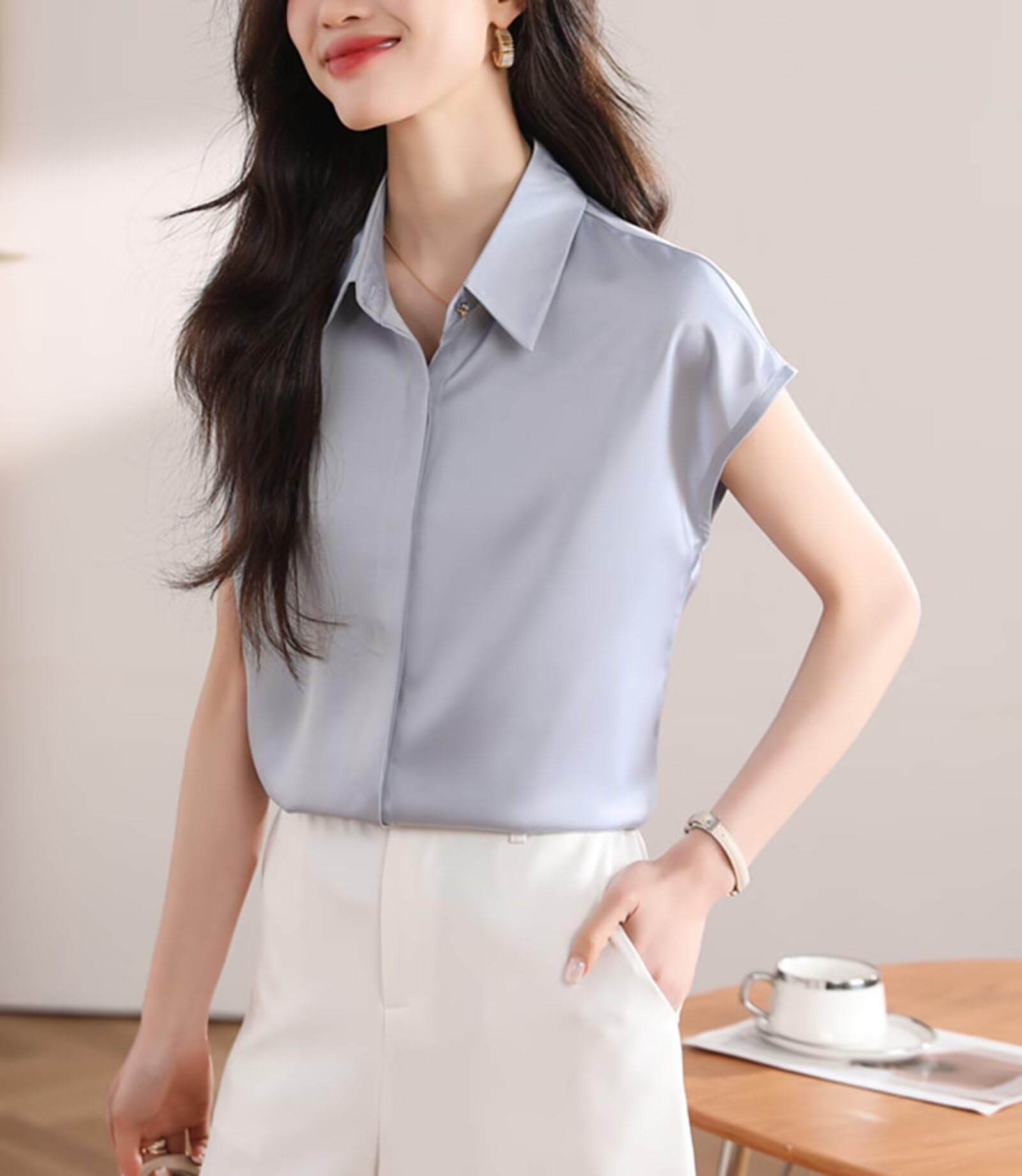 HNVAVQ Camicia Seta Maniche Corte Donna Blusa Estiva Elegante per Ufficio