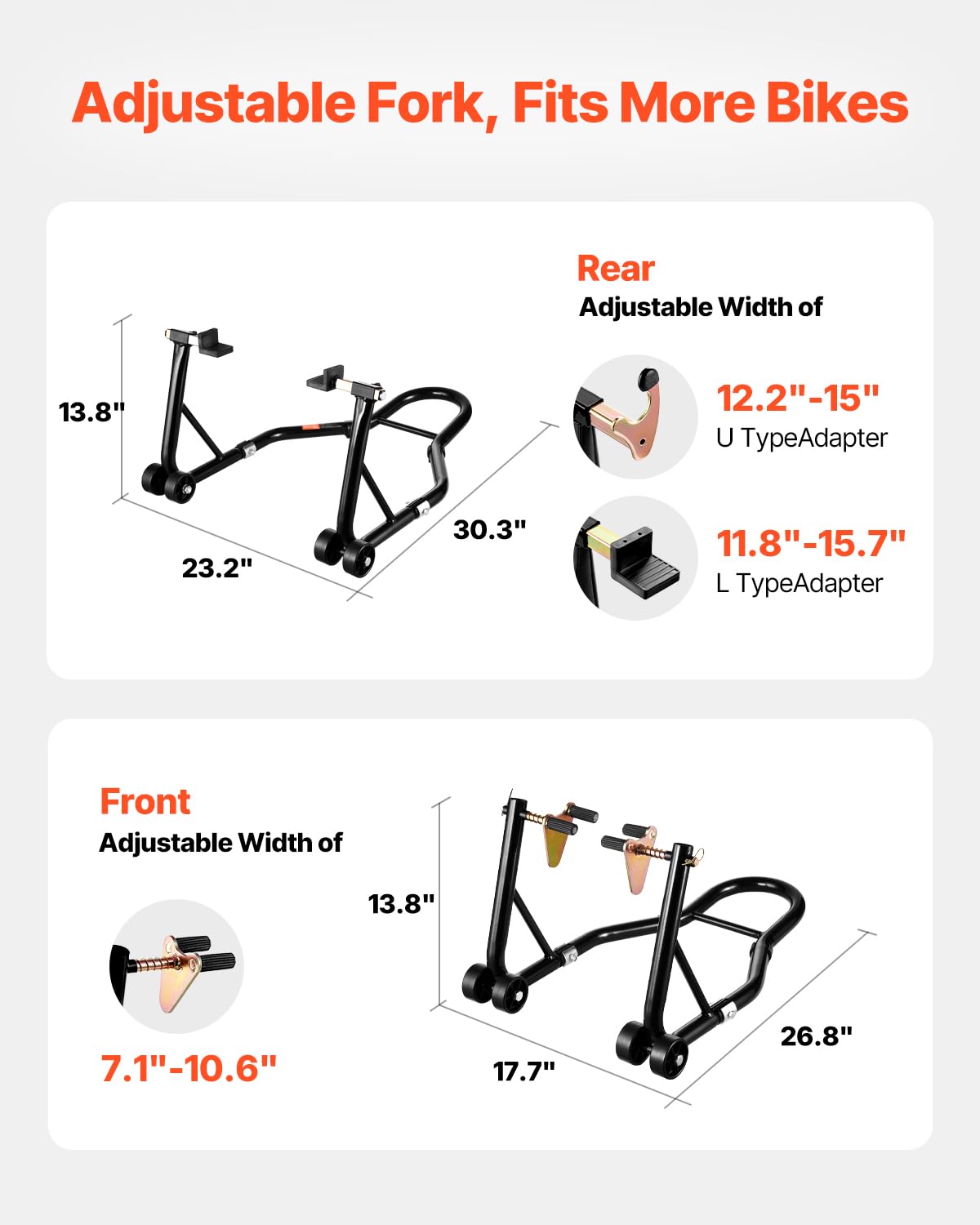 VEVOR Elevador de Caballete para Motocicleta, Capacidad de 500 kg, Soporte de Doble Horquilla para Rueda Delantera, Compatible con Yamaha, Honda y Suzuki, Negro. 770 x 590 x 350 mm