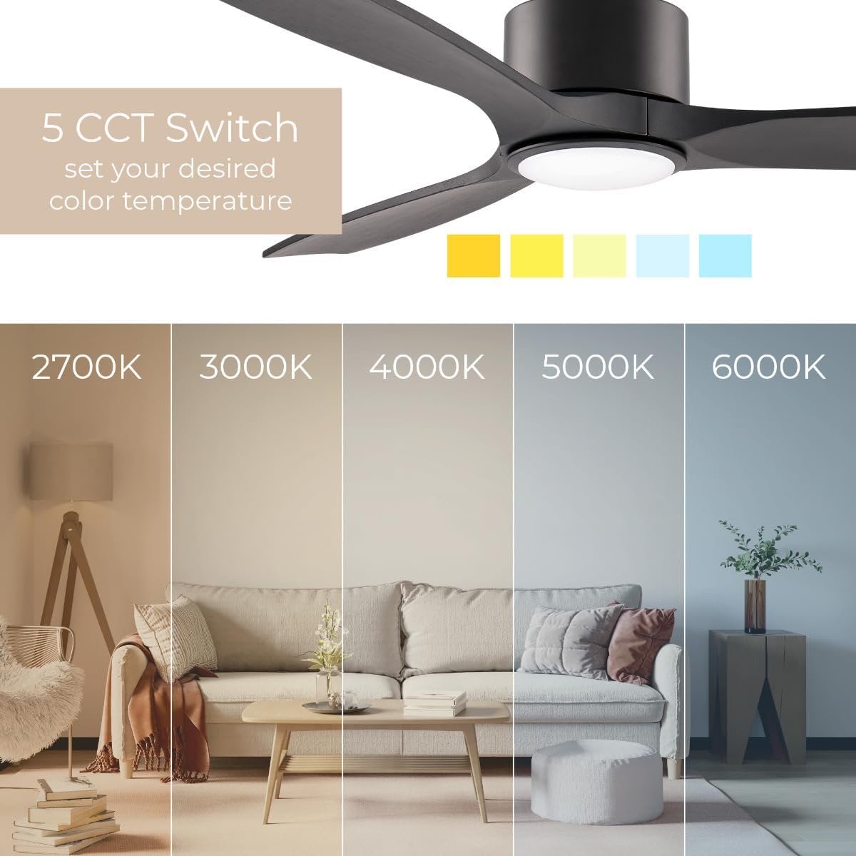 Madera 52in 3-Blade Smart Indoor or Outdoor Ceiling Fan 2700K-6000K CCT Tunable Range LED Light Kit in Matte Black with Ebony Solid Wood Blades Works With iOS or Android App