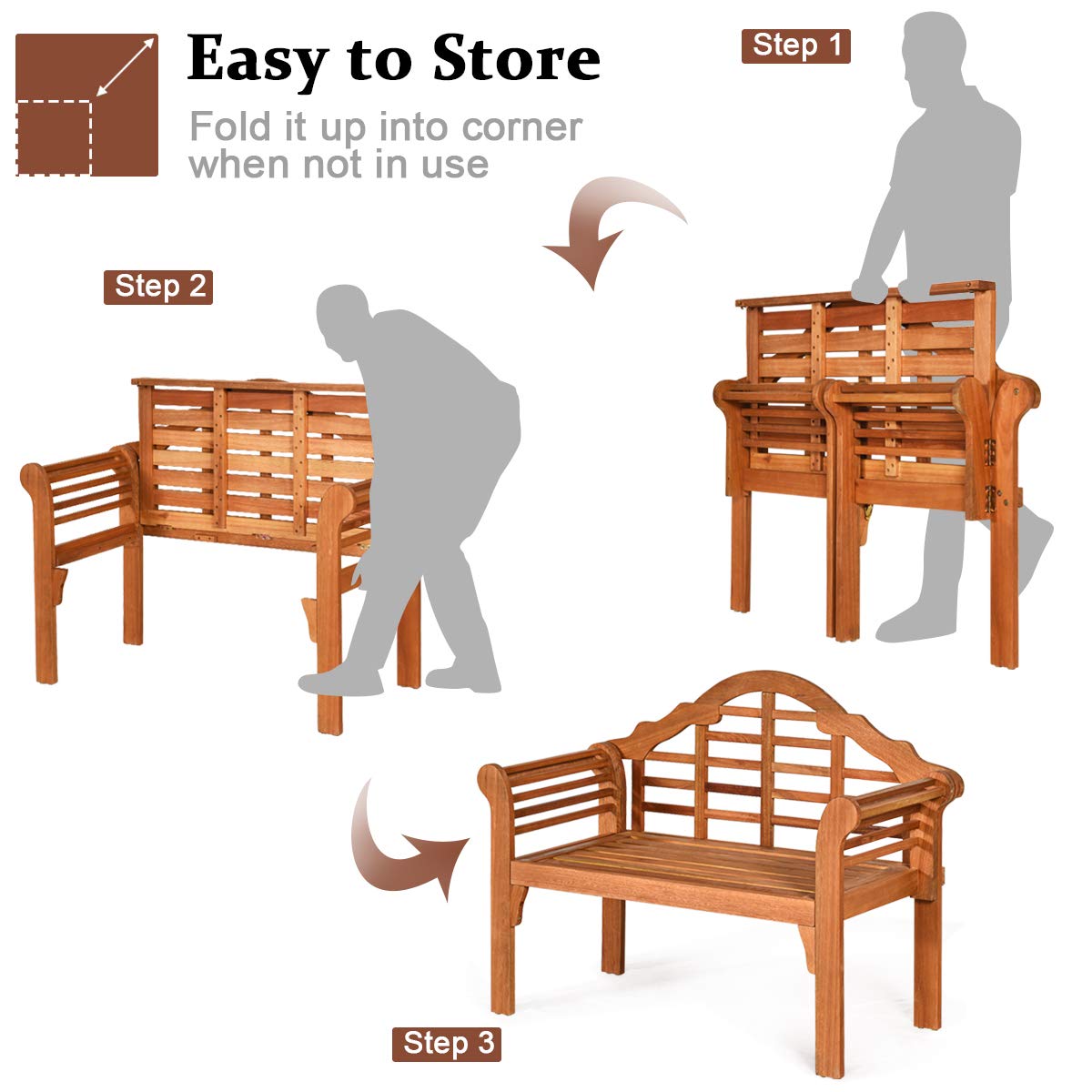 KOMFOTTEU Banc de Jardin 2 Places, Design Pliable, Banquette de Parc en Bois d'Acacia, Charge Maximum de 360 kg, Banc d’Extérieur, idéal pour Balcon, Terrasse, 123 x 54 x 96 cm, Naturel
