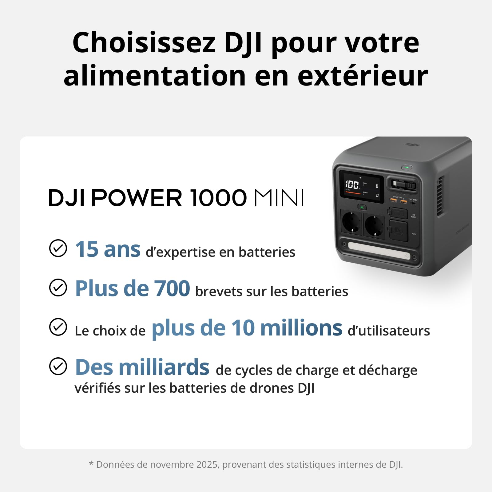 Station électrique portable DJI Power 1000 Mini, batterie LFP de 1 008 Wh, format compact, sortie maximale de 1 000 W, alimentation automobile, câble SDC vers allume-cigare (12 V), camping, road trips
