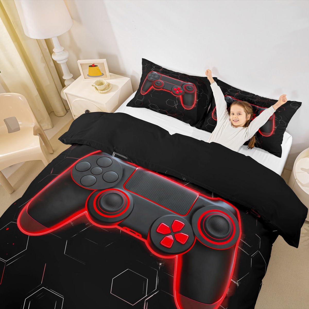 Loussiesd Honeycomb Gamer Duvet Cover Set Single Size For Kids Boys Teens Hexagonal Gaming Bedding Set Red Neon Gamepad Comforter Cover with 1 Pillowcase Game Console Controller Beds Set - Image 4