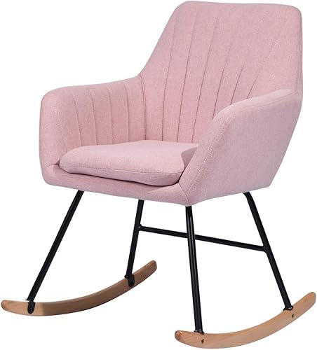 Miniatura 7 de Anwickmak Mecedora moderna de tela de lino balancín con reposabrazos y asiento acolchado grueso cómodo sillón lateral con base de madera maciza para