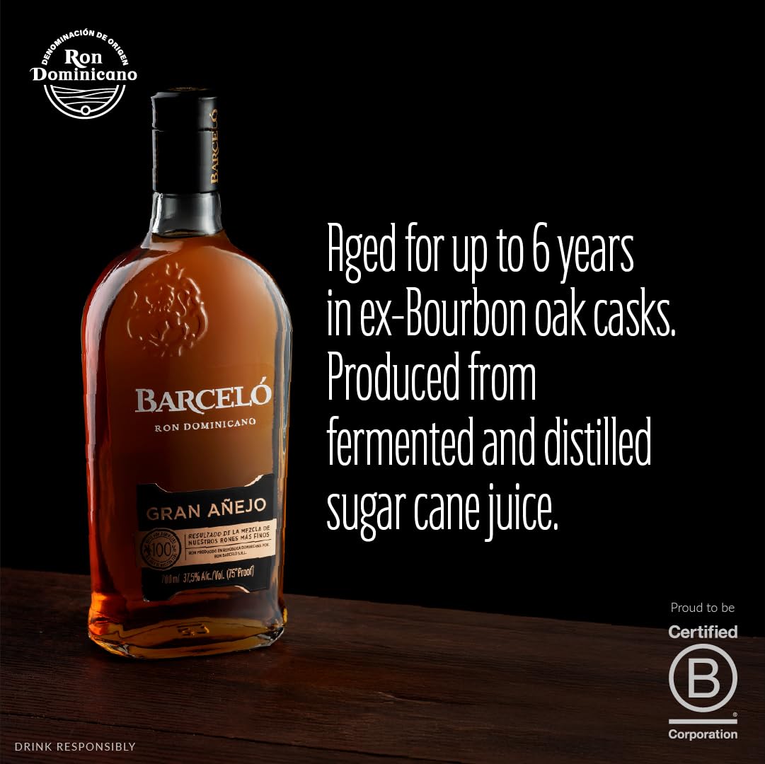 Ron Barceló Gran Añejo – Bottiglia da 700ml di Rum Ambrato, Invecchiato Fino a 6 Anni in Barrique di Rovere Ex Bourbon, Rum Dominicano da 100% Succo di Canna da Zucchero, Per Cocktail di Alto Livello