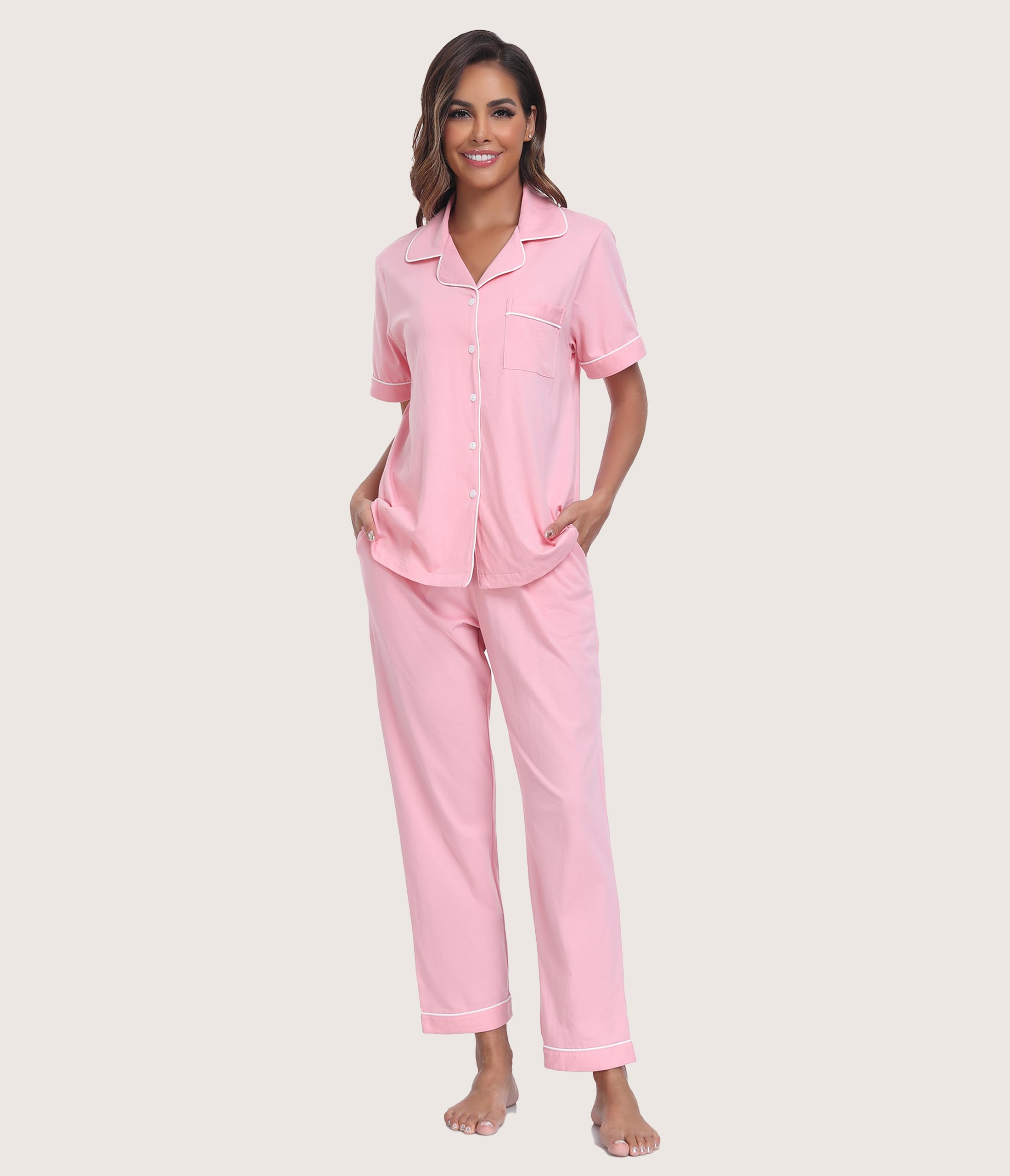 Pijama de algodón 100 % para mujer, camisa de manga corta y pantalones largos, conjunto de pijama de verano cómodo para mujer