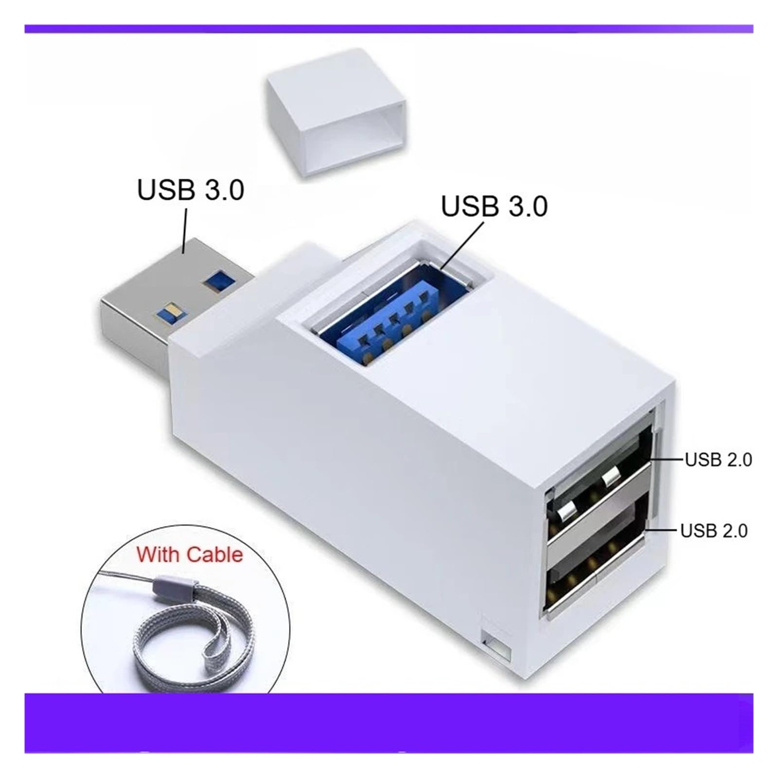 Hub USB 3.0 a 3 porte ad alta velocità per mini splitter per laptop PC Card Reader (bianco)