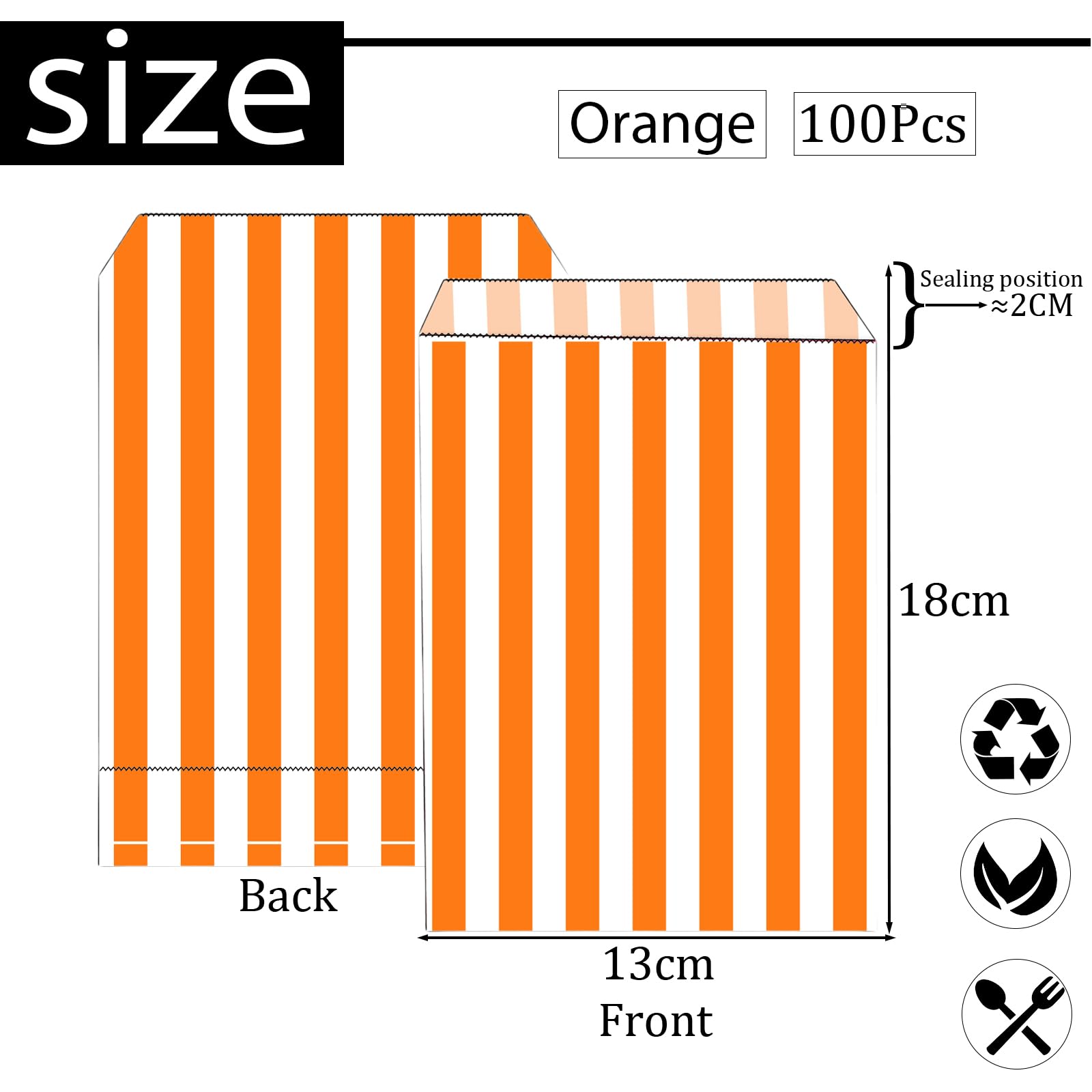 100PCS 5''x7'' Orange Striped Candy Sweet Paper Bags,Striped Candy Paper Bags for Sweet Flavour Buffet Wedding Cake Gift Shop for Halloween,Thanksgiving,Harvest Party Autumn Buffet Confectionery Stall - Image 2