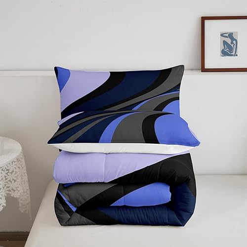 Miniatura 5 de Moderno juego de ropa de cama geométrica tamaño Queen, color azul oscuro, gris, negro, para niños, niñas, niños, adolescentes, relleno de edredón a