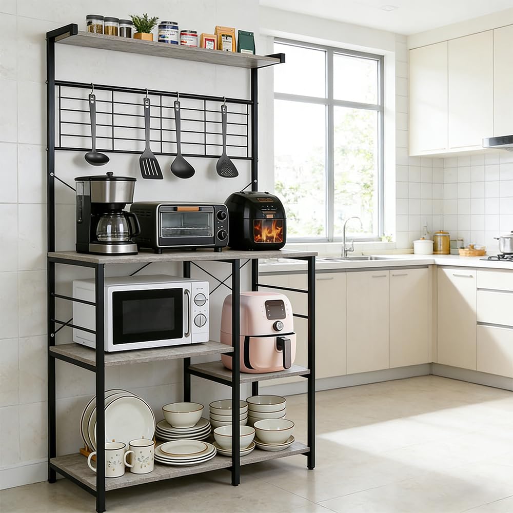 HUOLE Scaffale da cucina, mobile da cucina, bar per caffè con cesto in filo, scaffale per microonde con 8 ganci a S, per cucina, soggiorno, 42 x 90 x 167 cm (B) (aspetto calcareo)