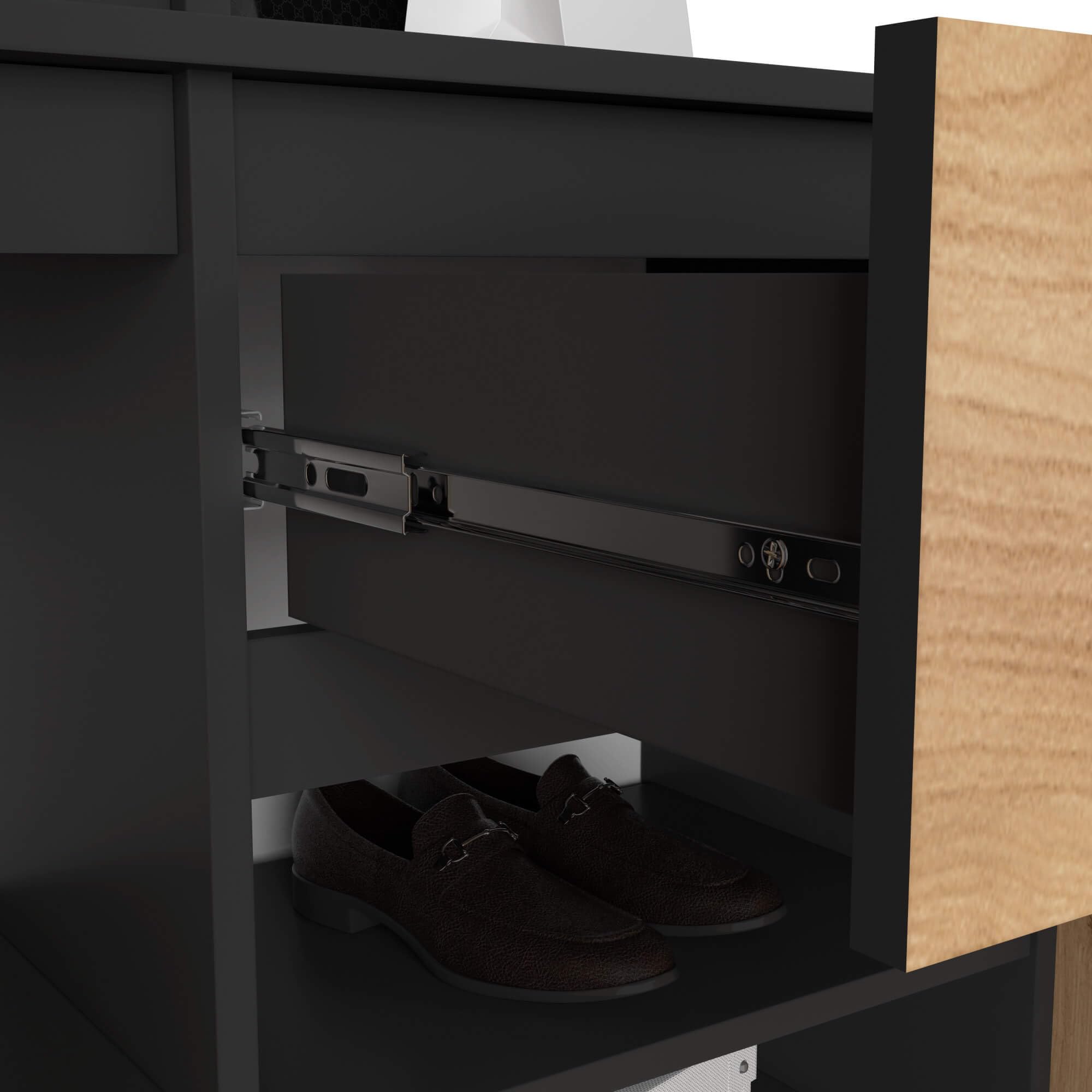 AKORD Garderoben-Set ENTRO Schwarz 95 cm Kompaktgarderobe Schmaler Flur 3 Türen 1 Schublade 7 Regalböden Industrial Stil Schwarz & Craft-Eiche