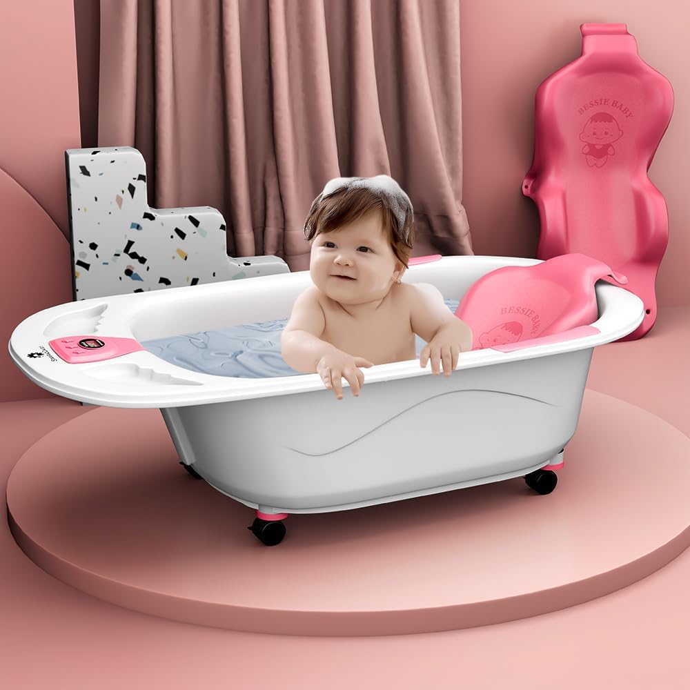 StarAndDaisy Baby Bath Tub for 0 to 5 Years/Bath Tub for Kids 0-3 Years/Infants Bathtub with Temperature Censor & Baby Bath Seat/Chair, Antislip Baby Bath Tub with Bath Sling-Pink-image-1