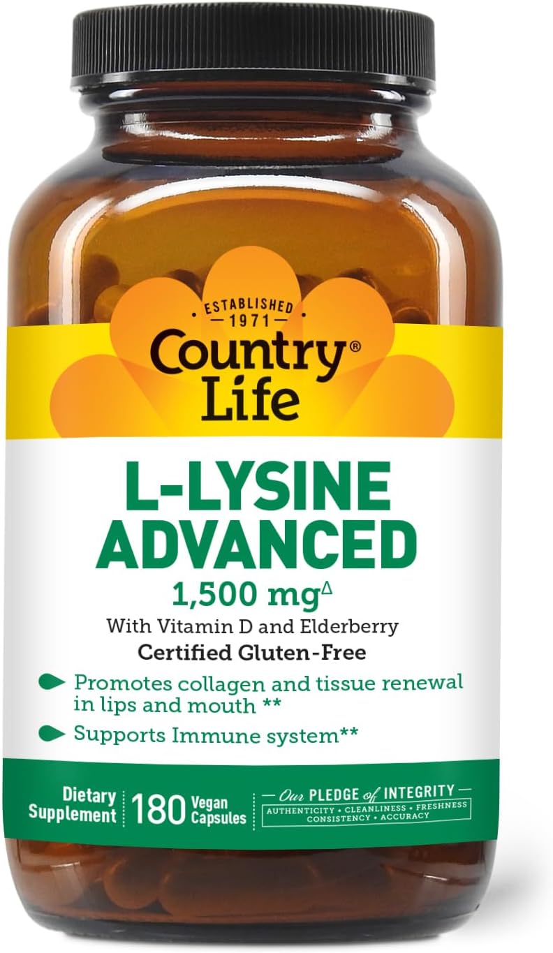 Country Life L-Lysine 1500mg Capsules with Vitamin D & Elderberry – Advanced Immune Support and Collagen Renewal – Certified Gluten-Free & Vegan – 180 Capsules