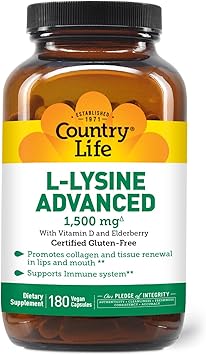 Country Life L-Lysine 1500mg Capsules with Vitamin D & Elderberry Advanced Immune Support and Collagen Renewal Certified Gluten-Free & Vegan 180 Capsules