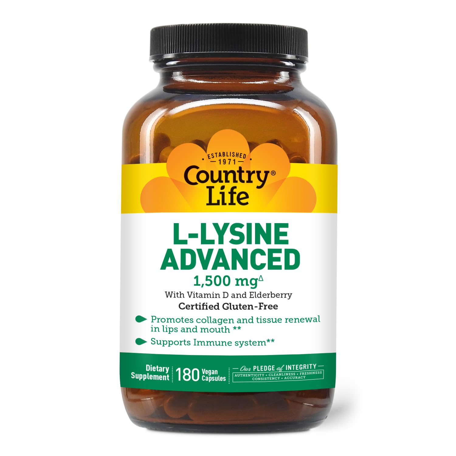 Country Life L-Lysine Advanced 1500 mg, Vitamin D3, 180 Capsules